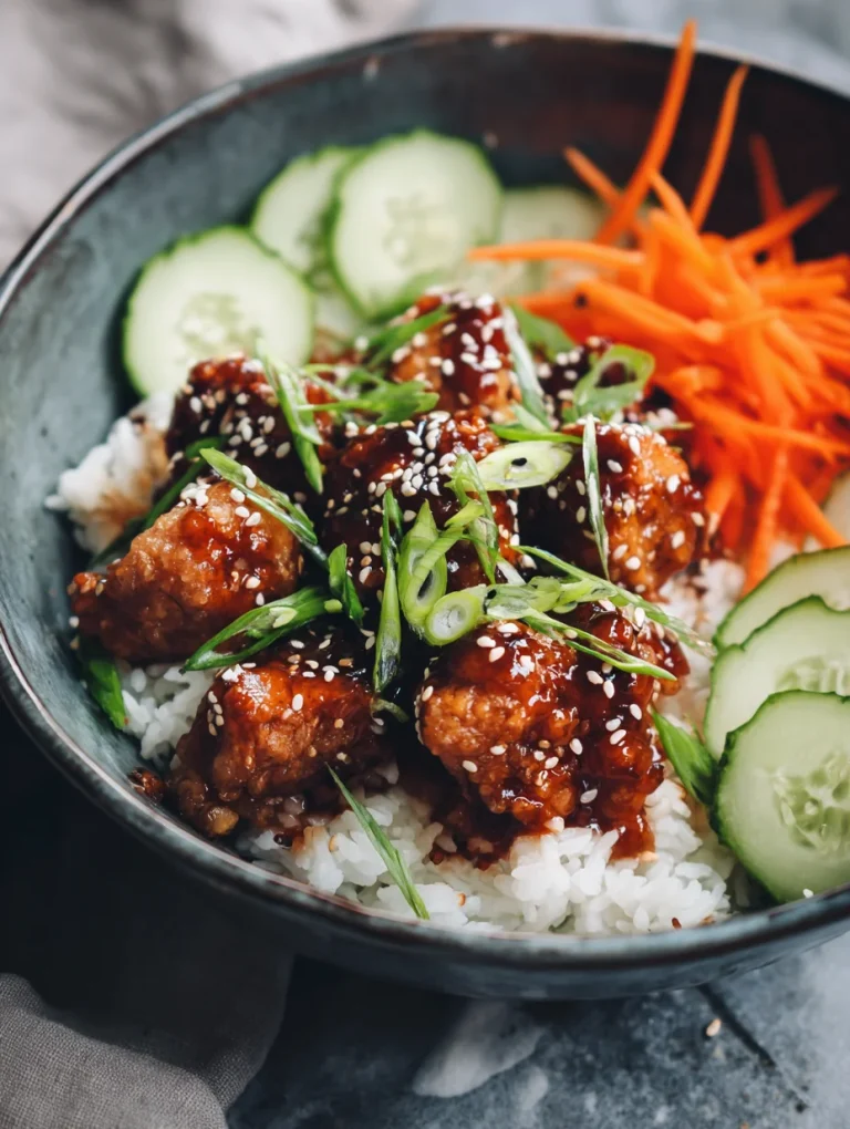 Sticky chicken rice bowl with glazed chicken, white rice, cucumbers, carrots, and sesame seeds.