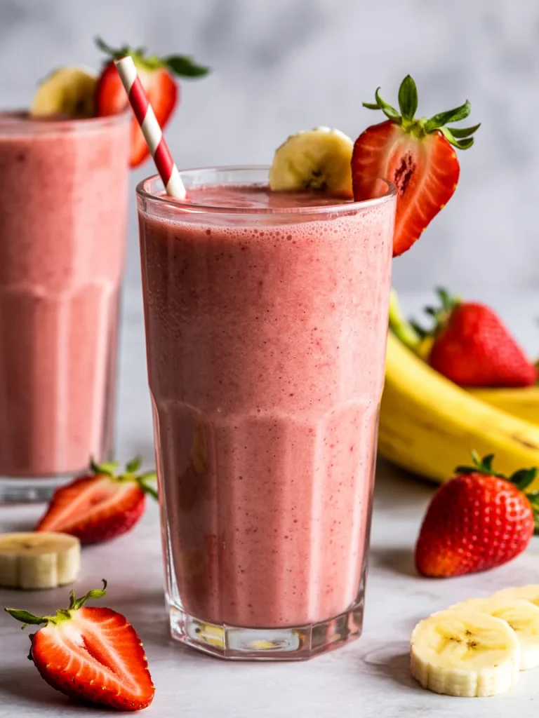 Strawberry banana smoothie in glass with fresh fruit and striped straw