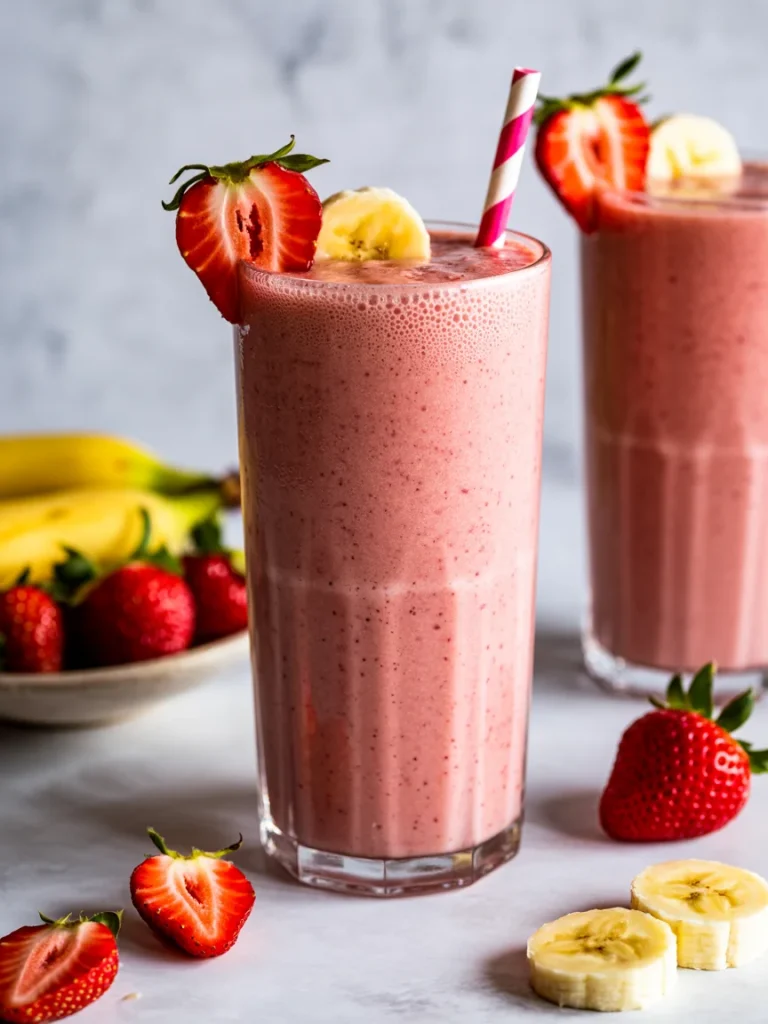 Strawberry banana smoothie in tall glass with fresh fruit garnish