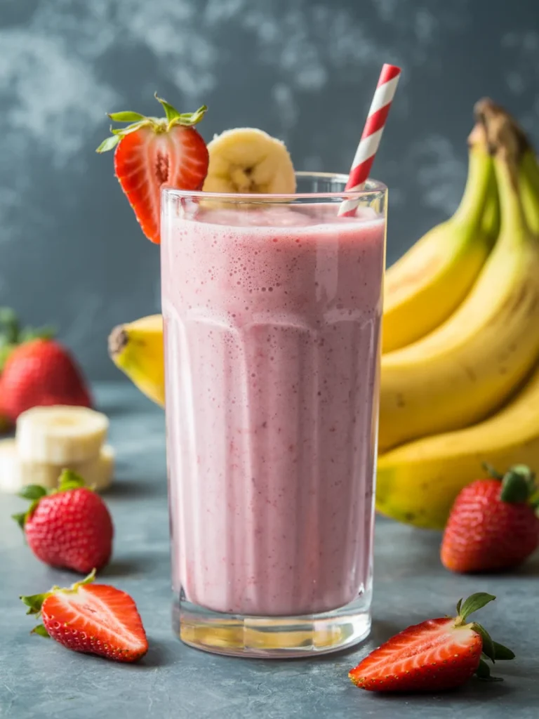 Strawberry banana smoothie in glass with fresh fruit garnish