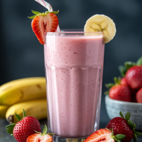 Strawberry banana smoothie in glass with fresh strawberry and banana garnish