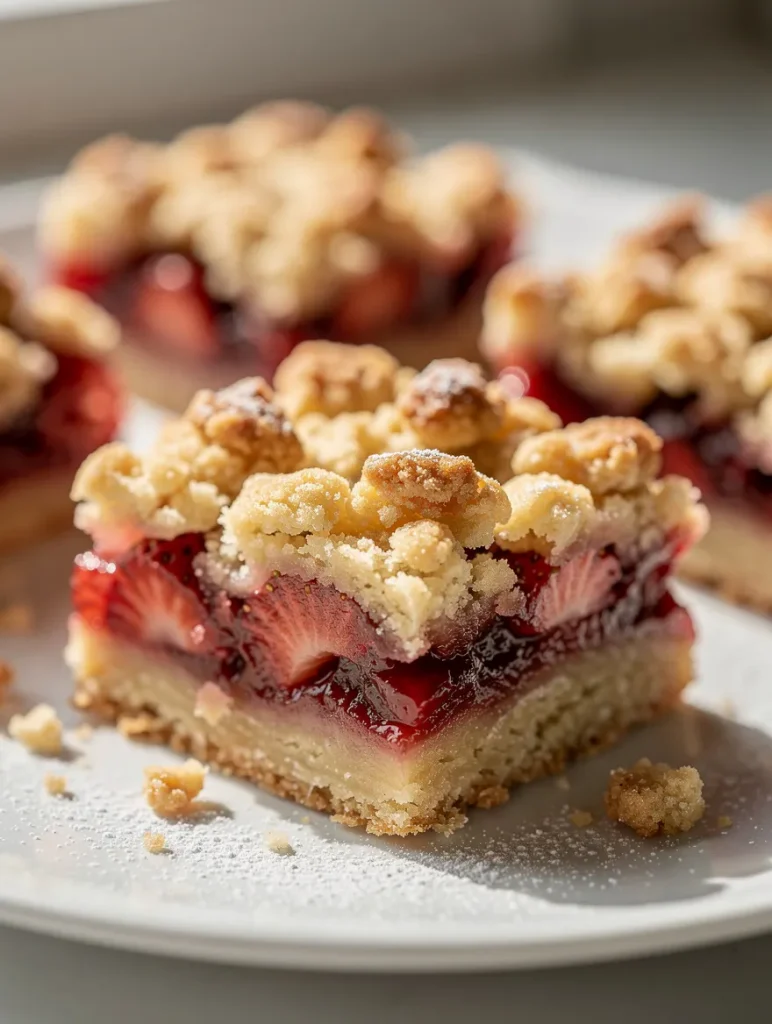 Close-up of strawberry rhubarb crumble bar with streusel topping