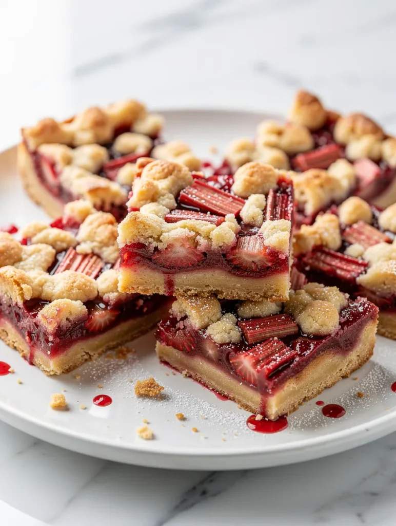 Strawberry rhubarb crumble bars stacked on a plate