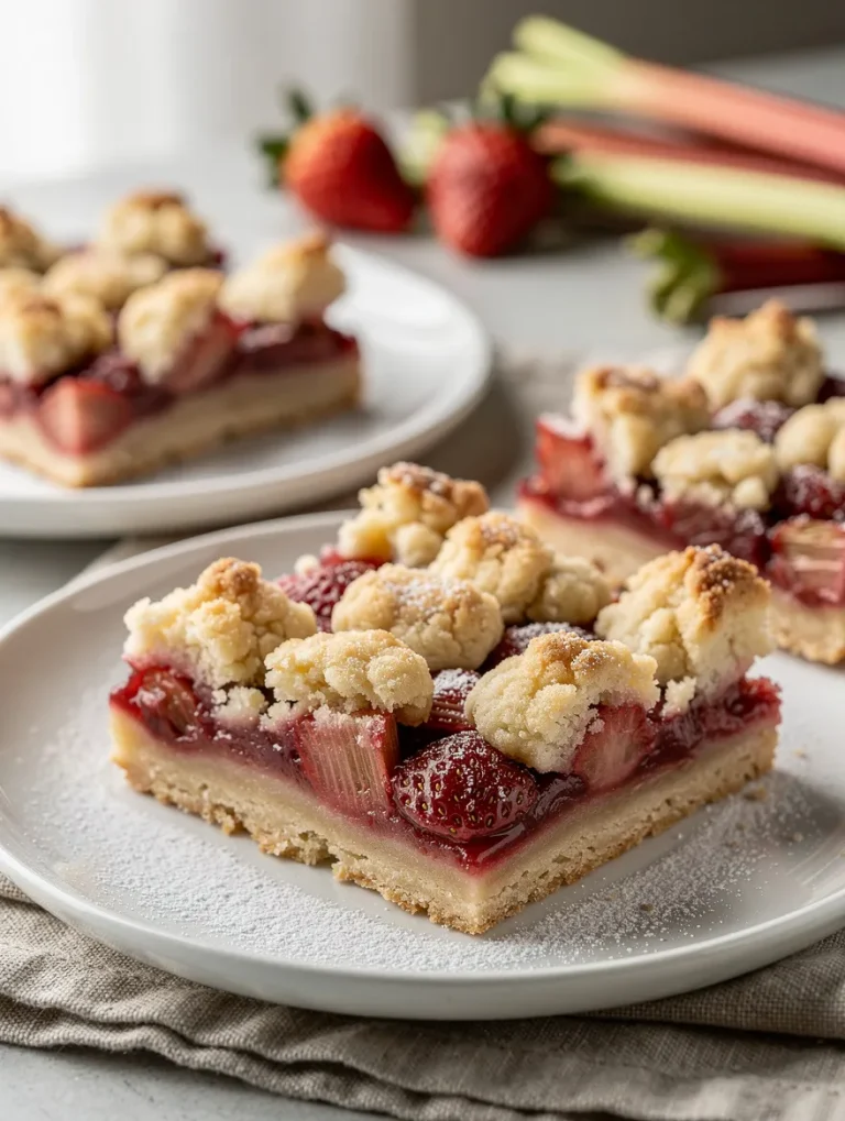 Strawberry rhubarb crumble bars with shortbread crust on plate