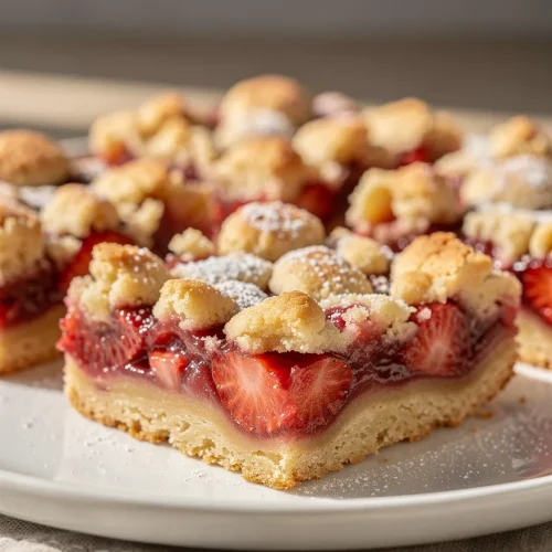 Strawberry rhubarb crumble bar on a plate with powdered sugar