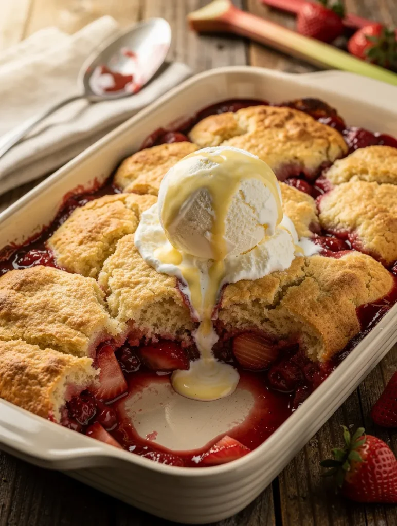Strawberry rhubarb cobbler with melting vanilla ice cream