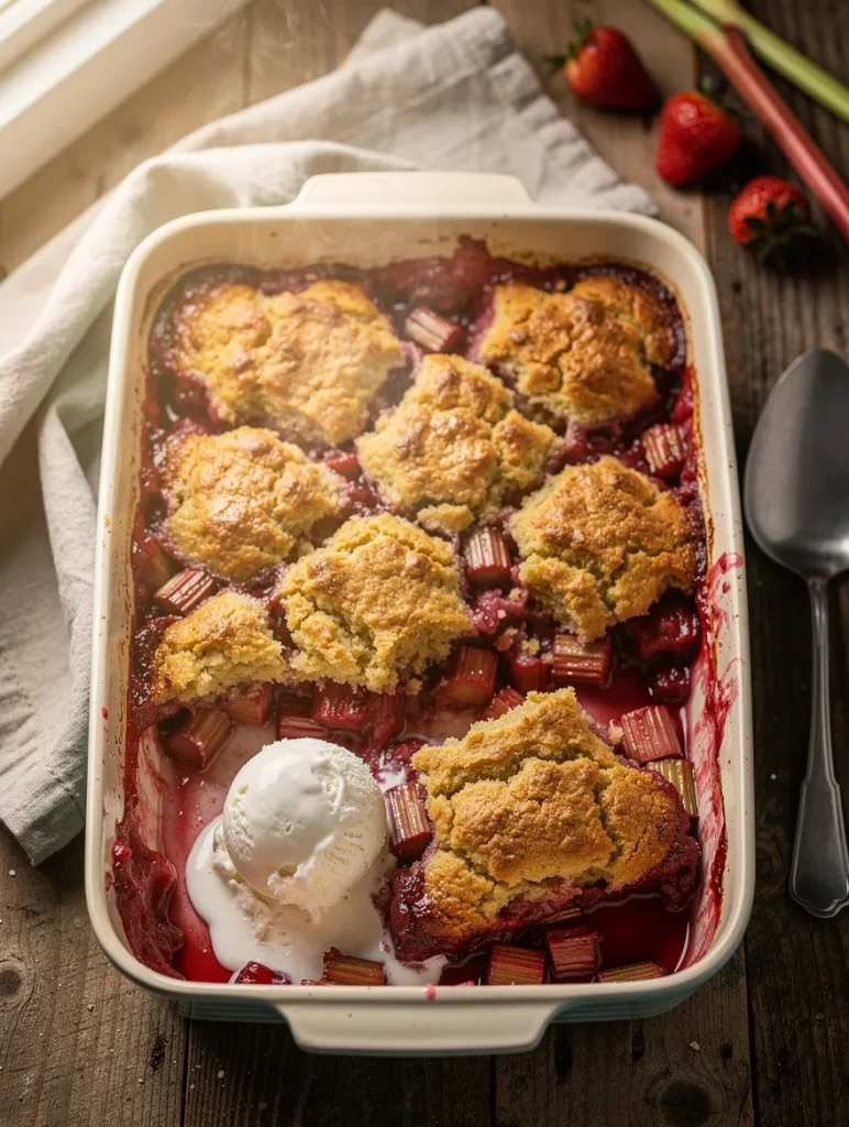 Strawberry rhubarb cobbler in baking dish with scoop of ice cream