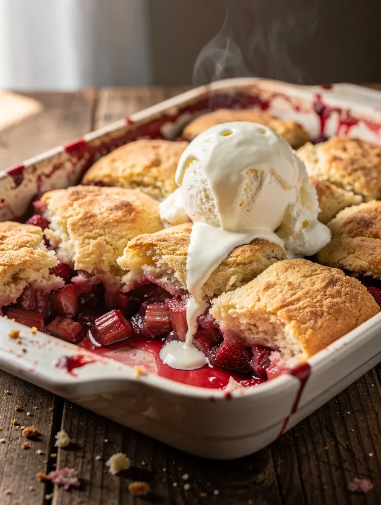 Strawberry rhubarb cobbler with vanilla ice cream in baking dish