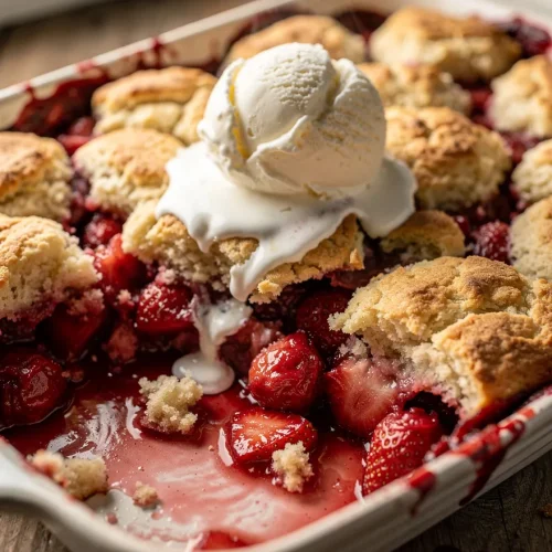 Strawberry rhubarb cobbler with melting vanilla ice cream and fresh berries
