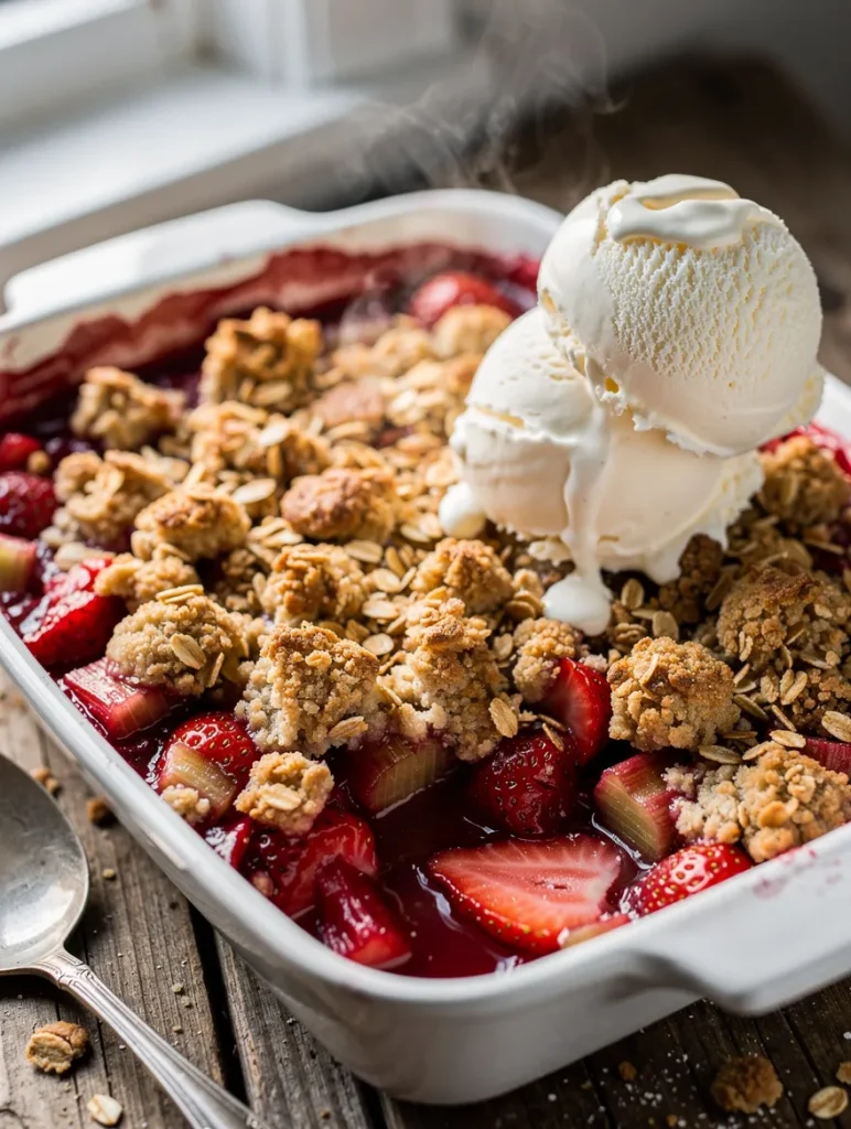 Fresh strawberry rhubarb crisp with oat topping and vanilla ice cream