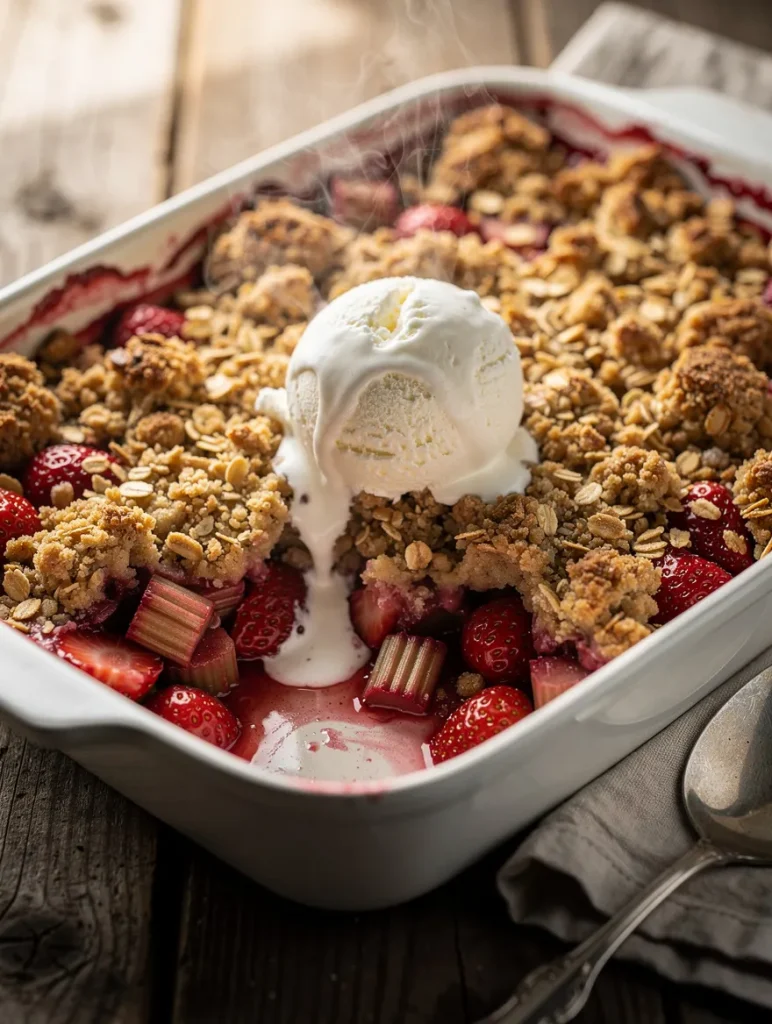 Strawberry rhubarb crisp with oat crumble and melting vanilla ice cream