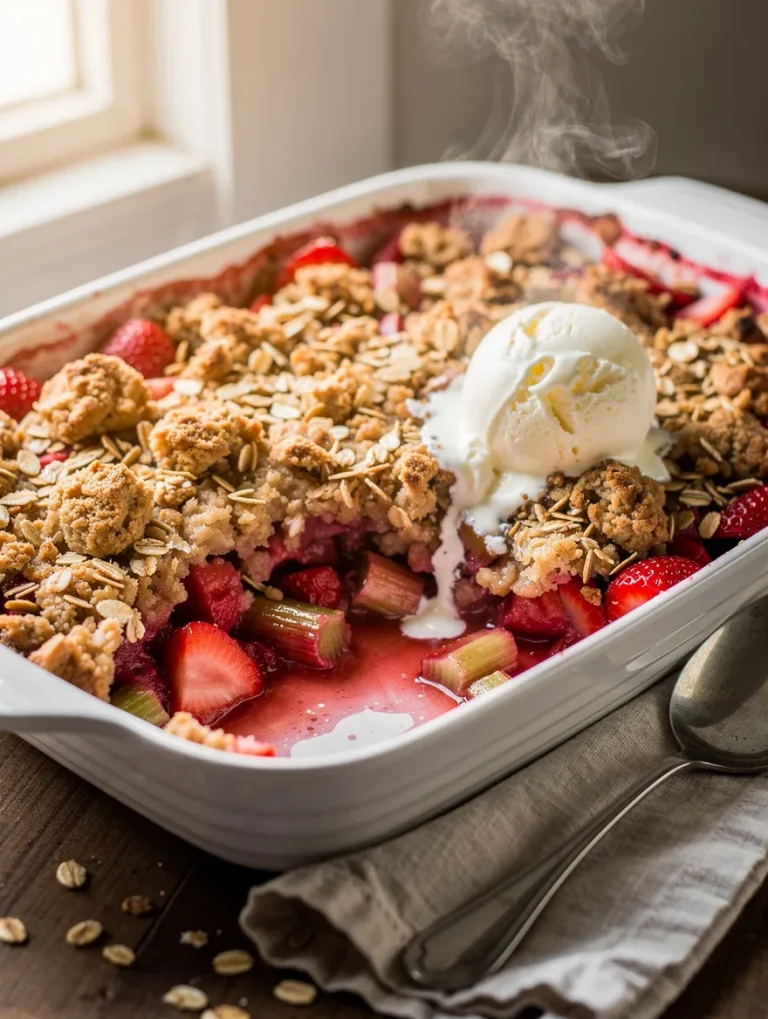 Strawberry rhubarb crisp with oat crumble topping and melting vanilla ice cream