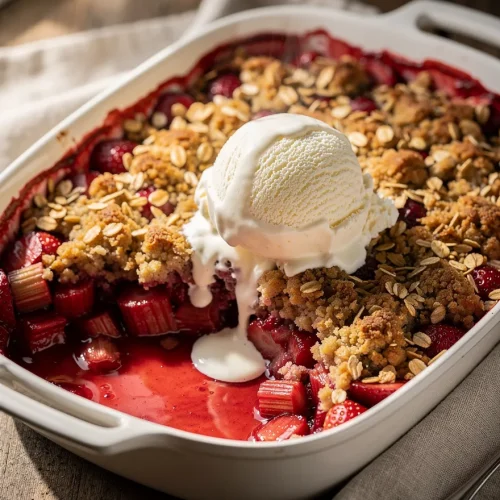 Strawberry rhubarb crisp with oat topping and melting vanilla ice cream