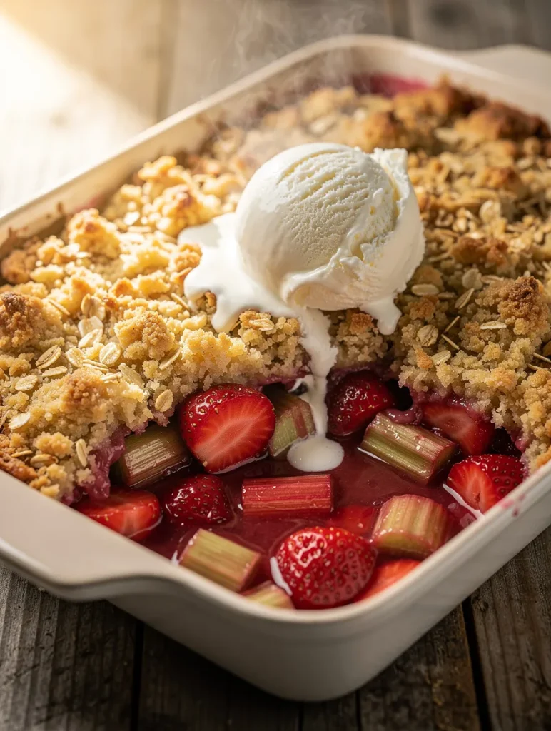 Warm strawberry rhubarb crumble with oat topping and vanilla ice cream