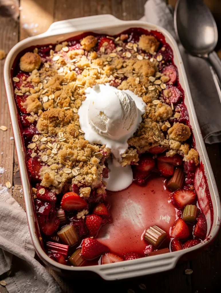 Strawberry rhubarb crumble with oat topping and vanilla ice cream in baking dish