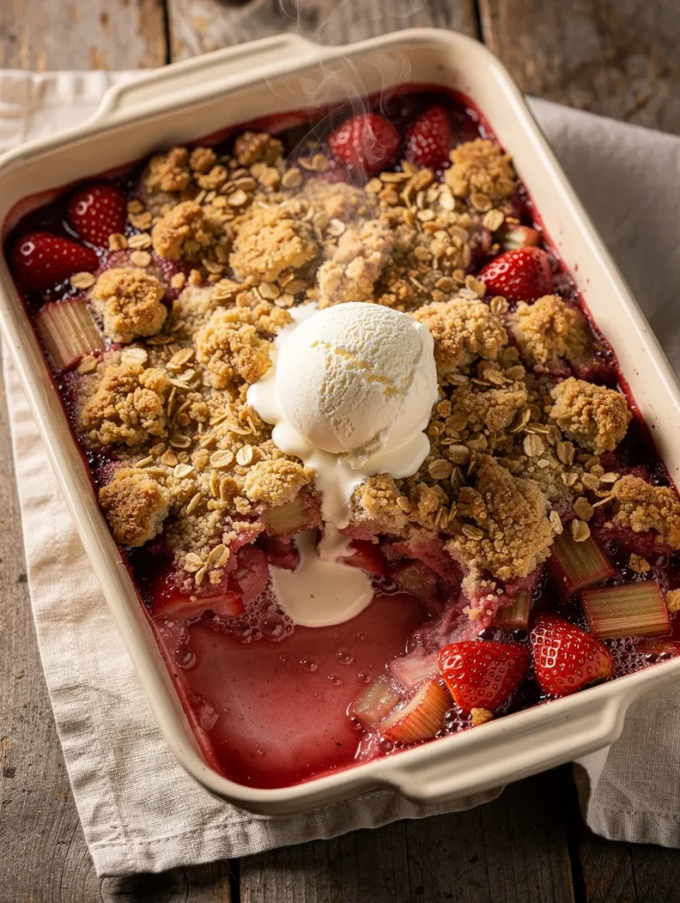 Strawberry rhubarb crumble with oat topping and vanilla ice cream