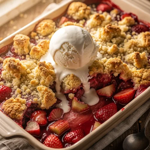 Strawberry rhubarb crumble with buttery topping and vanilla ice cream