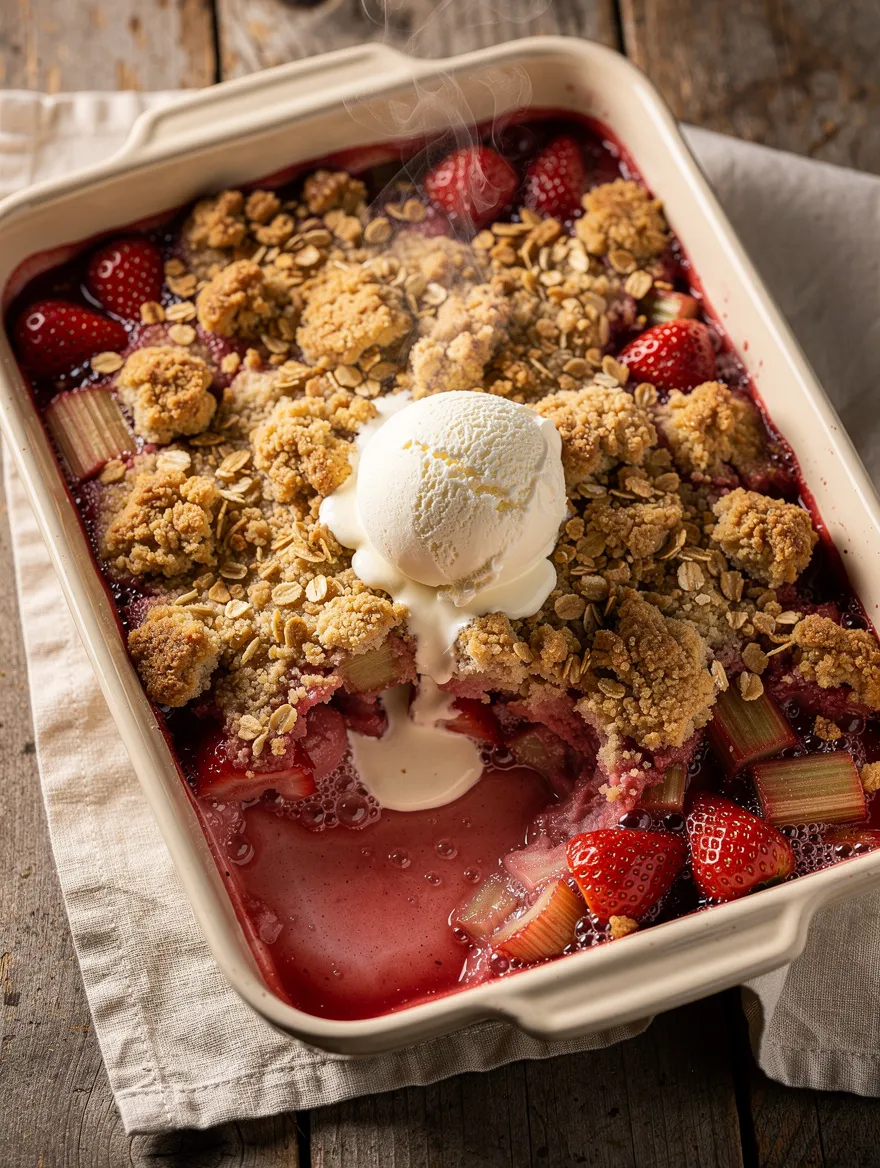 Strawberry rhubarb crumble with oat topping and vanilla ice cream