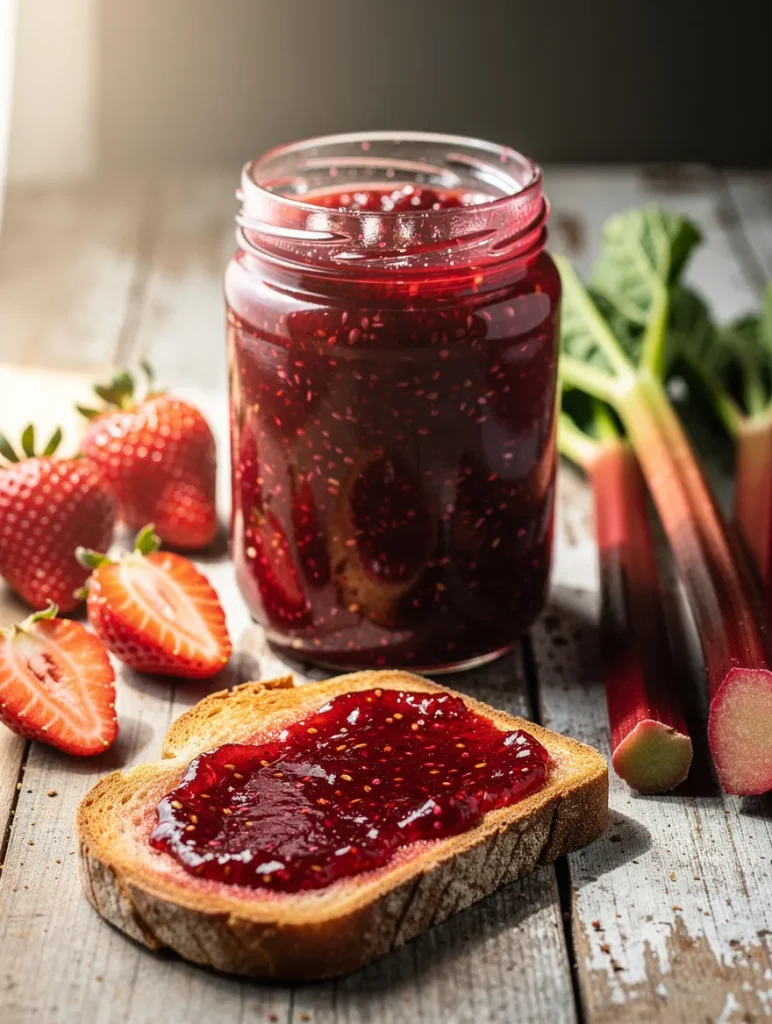 Homemade strawberry rhubarb jam on toast with fresh strawberries and rhubarb