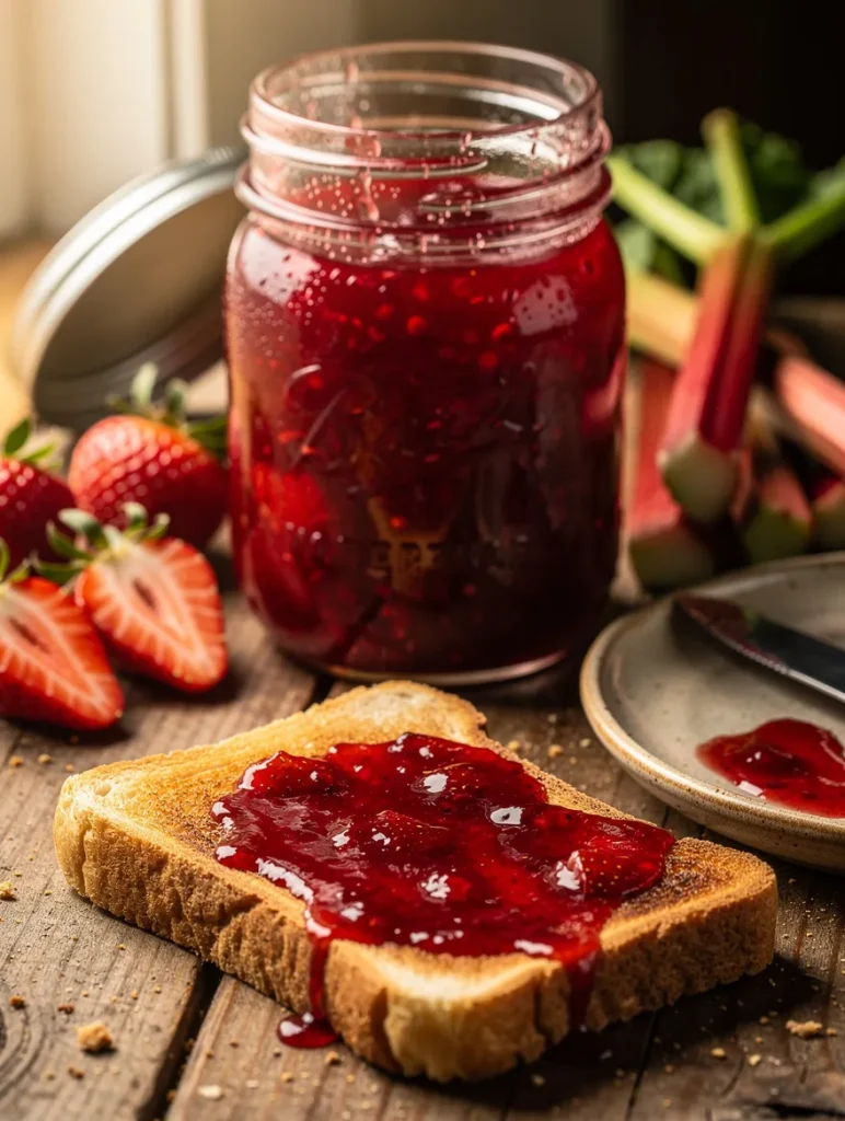 Strawberry rhubarb jam on toast with jar and fresh fruit
