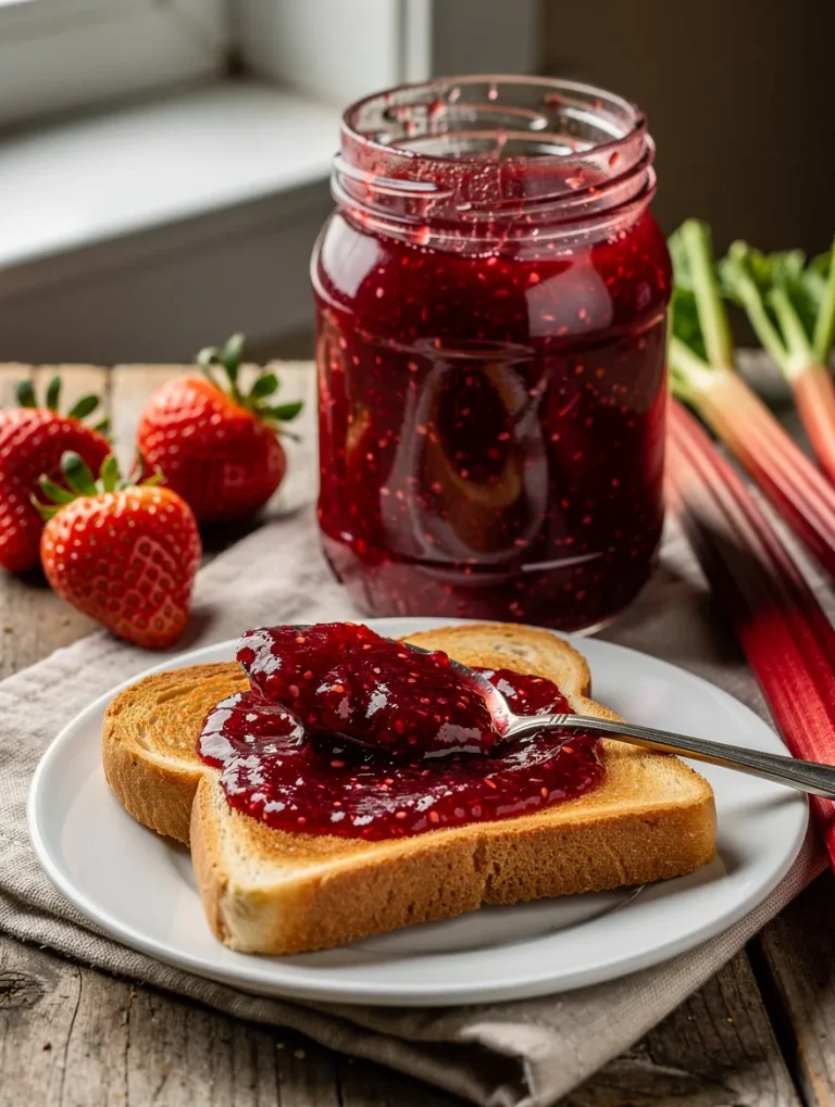Strawberry rhubarb jam spread on toast with jar and fresh fruit