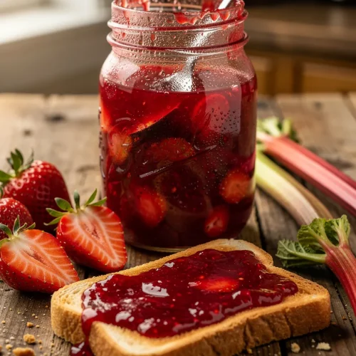 Homemade strawberry rhubarb jam on toast with jar and fresh fruit