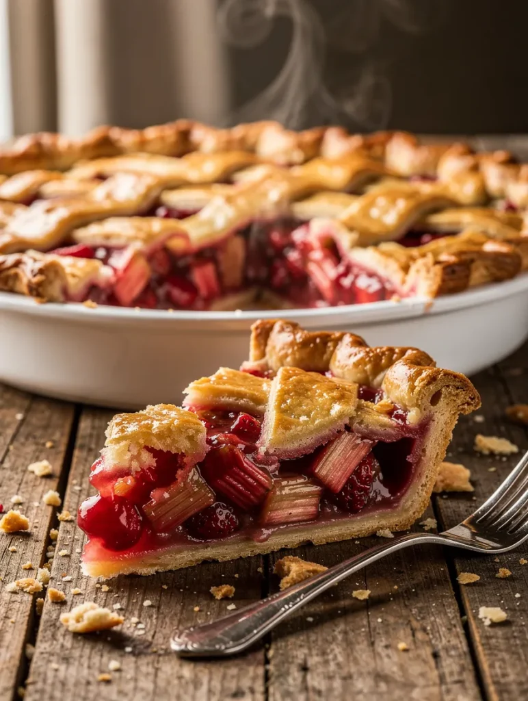 Slice of strawberry rhubarb pie with lattice crust and juicy filling on a wooden table