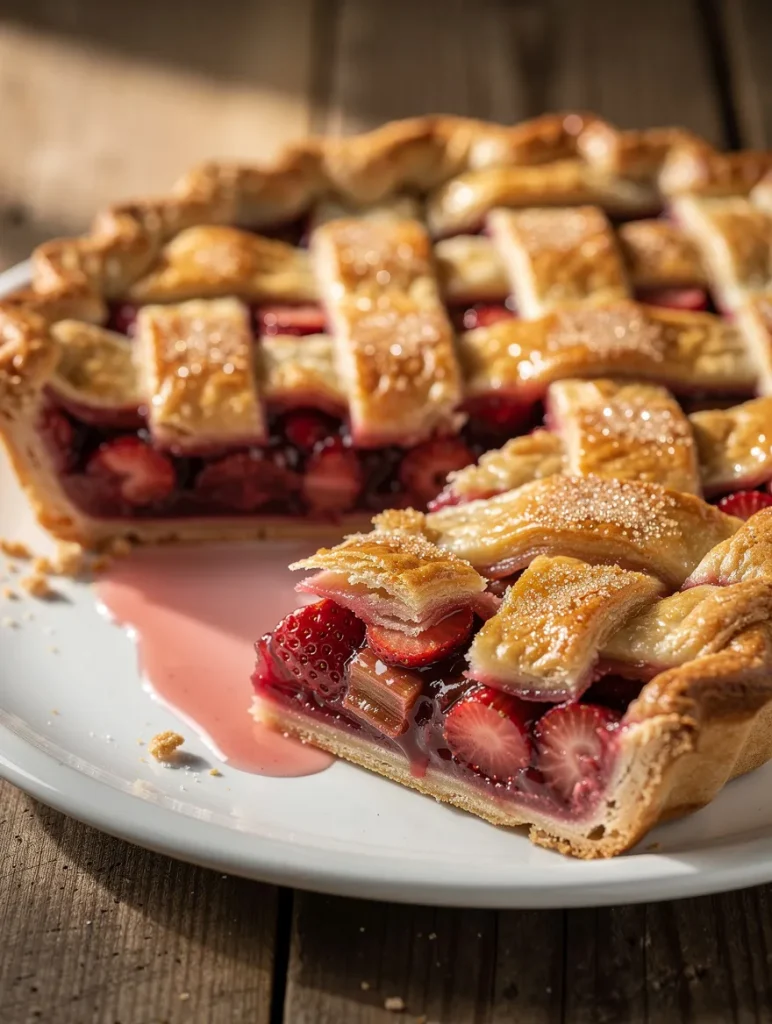 Strawberry rhubarb pie slice with lattice crust and juicy filling on a white plate