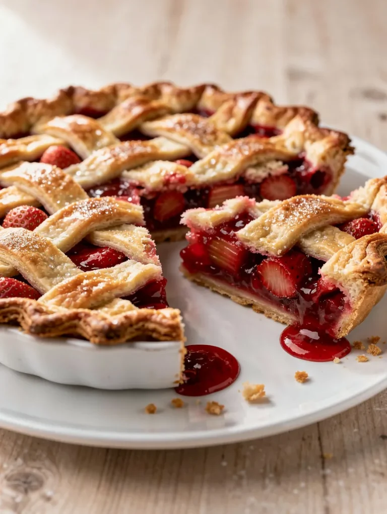 Strawberry rhubarb pie with lattice crust and juicy filling served on a plate