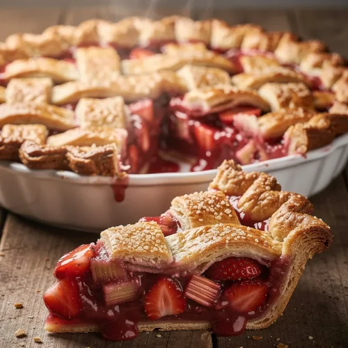 Close-up of strawberry rhubarb pie slice with lattice crust and bubbling fruit filling
