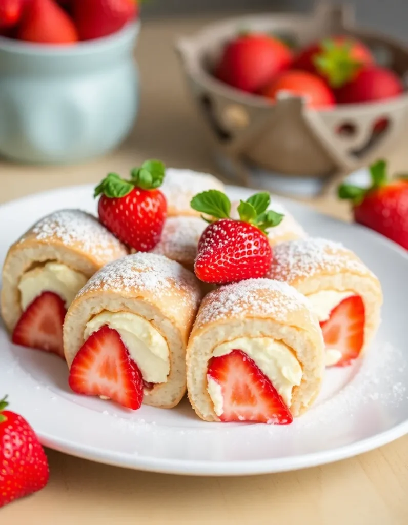 Strawberry shortcake cheesecake sushi rolls dusted with powdered sugar and topped with fresh strawberries.