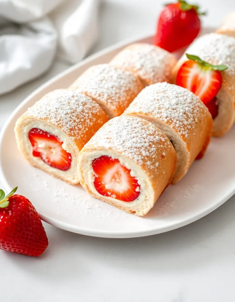 Strawberry shortcake cheesecake sushi rolls filled with cream and fresh strawberries, dusted with powdered sugar.