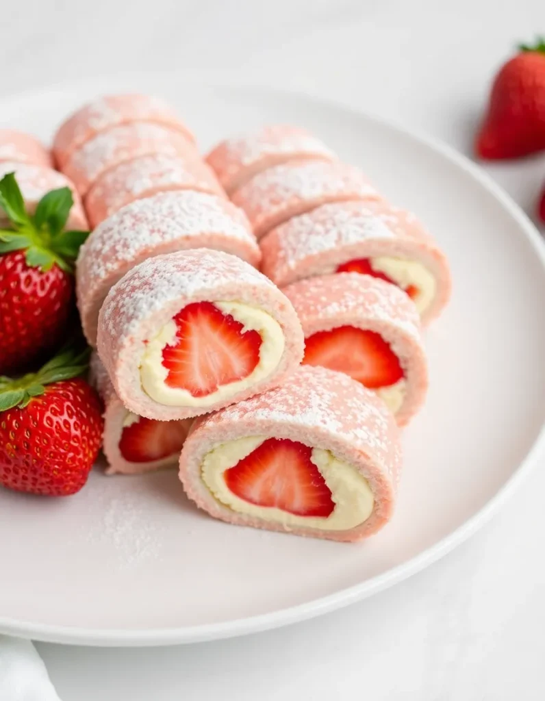 Strawberry shortcake cheesecake sushi rolls with cream filling and powdered sugar.