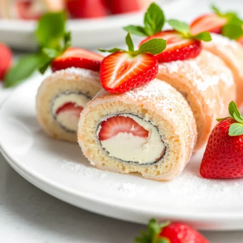 Strawberry shortcake cheesecake sushi rolls with creamy filling, fresh strawberries, and powdered sugar.