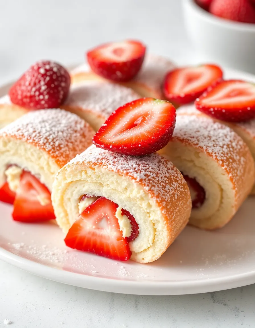 Strawberry shortcake cheesecake sushi rolls with cream filling and fresh strawberries on top.