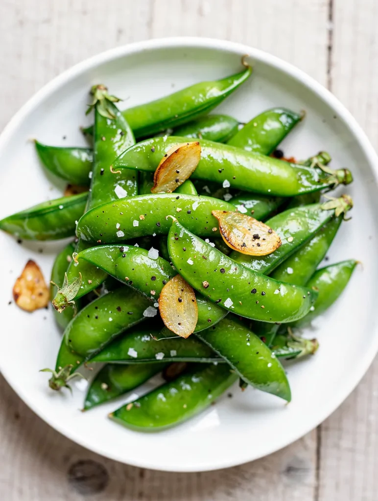 Garlic sautéed sugar snap peas with sea salt and black pepper in a white bowl