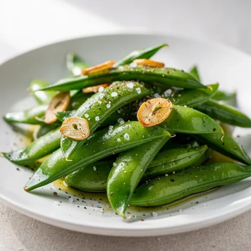 Garlic sautéed sugar snap peas with sea salt and black pepper on a white plate