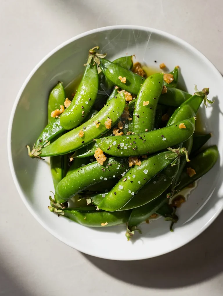 Sautéed sugar snap peas with garlic, salt, and black pepper in a white bowl