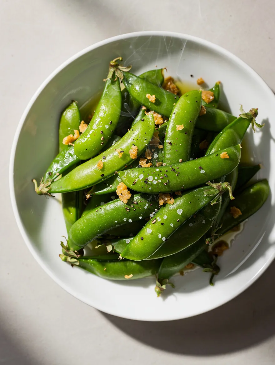 Sautéed sugar snap peas with garlic, salt, and black pepper in a white bowl