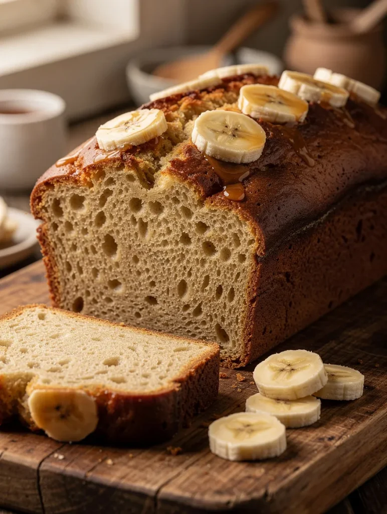 Moist banana bread loaf topped with banana slices and glaze on a wooden board