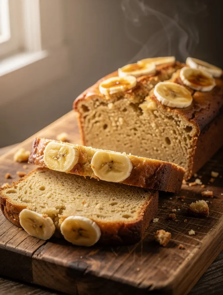 Freshly baked banana bread loaf with sliced bananas on top and cut slices on a wooden board