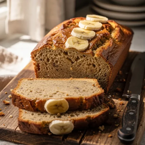 Homemade banana bread loaf with sliced bananas on top and cut slices on a wooden board