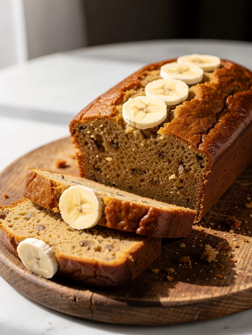 Super moist banana bread loaf topped with banana slices on a wooden board