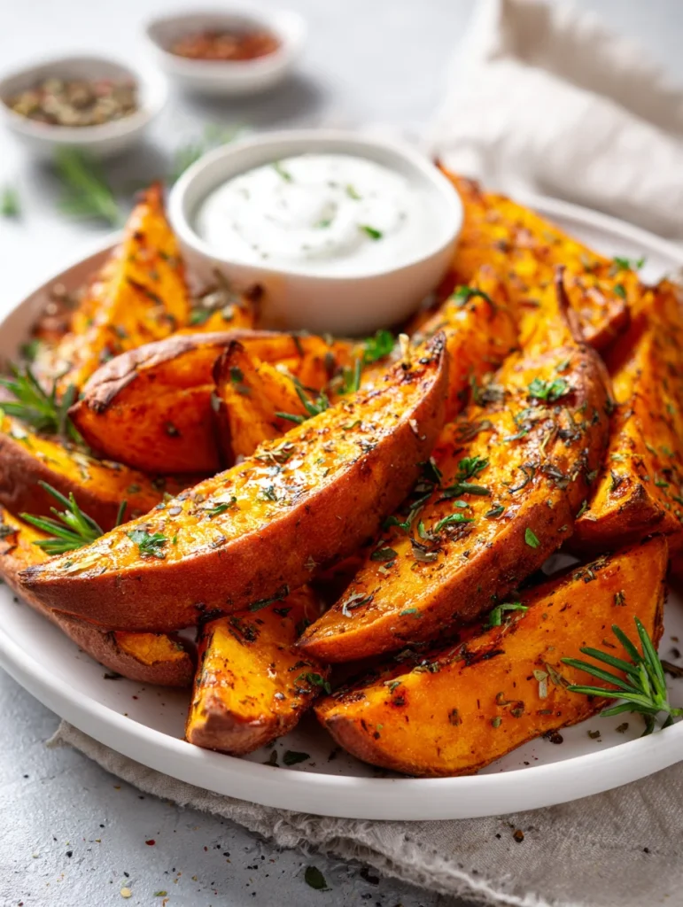 Seasoned sweet potato wedges with herbs and creamy dipping sauce