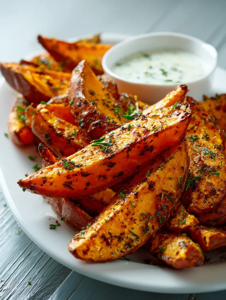 Crispy roasted sweet potato wedges with herbs and dipping sauce