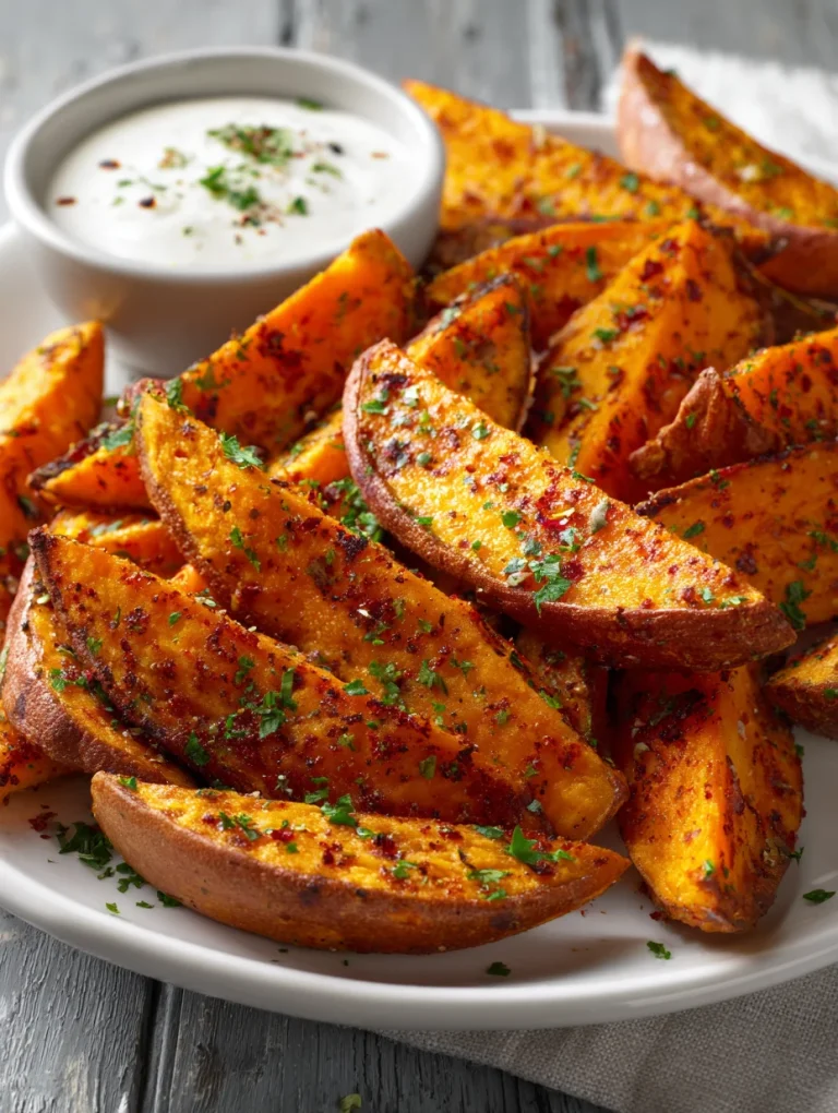 Crispy sweet potato wedges with herbs and dipping sauce