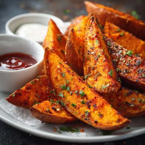 Spicy roasted sweet potato wedges with dipping sauces