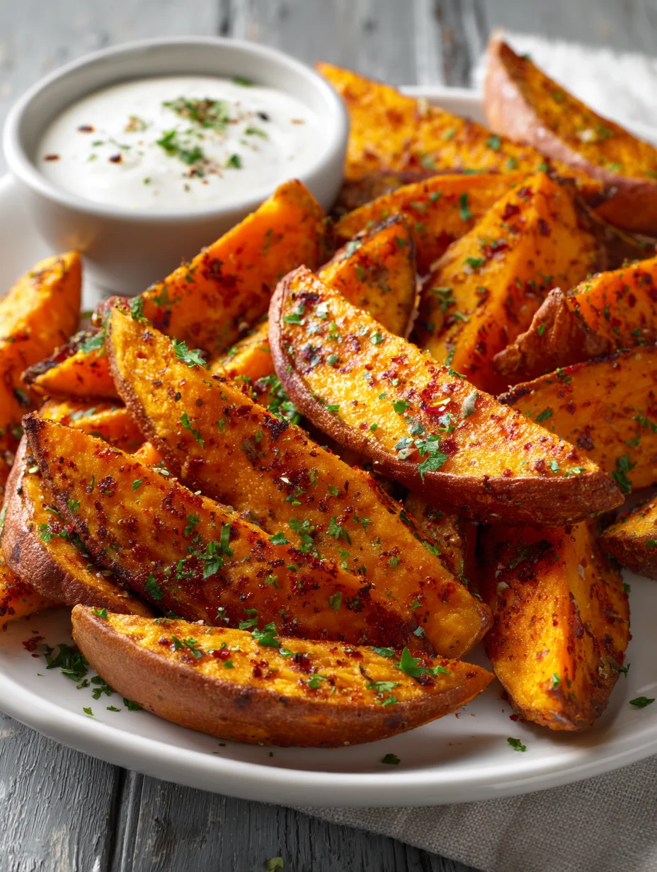 Crispy sweet potato wedges with herbs and dipping sauce