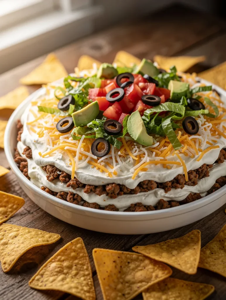 Layered taco dip with cream cheese, ground beef, cheese, avocado, and tortilla chips