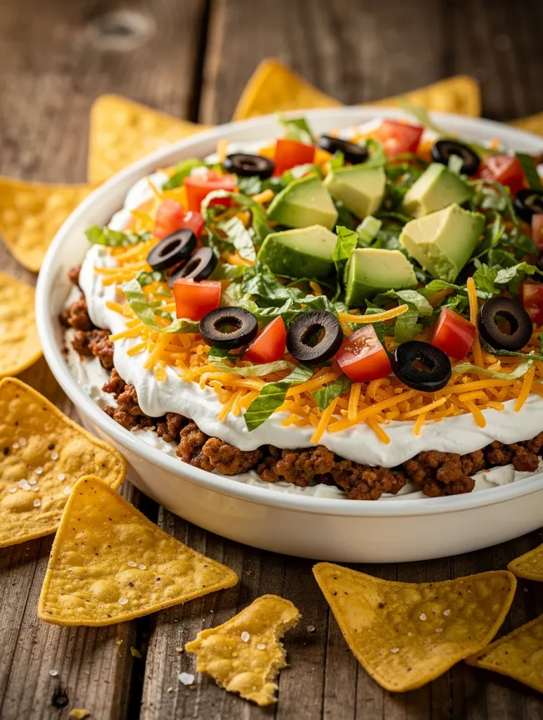 Layered taco dip with cream cheese, avocado, tomatoes, olives, and tortilla chips